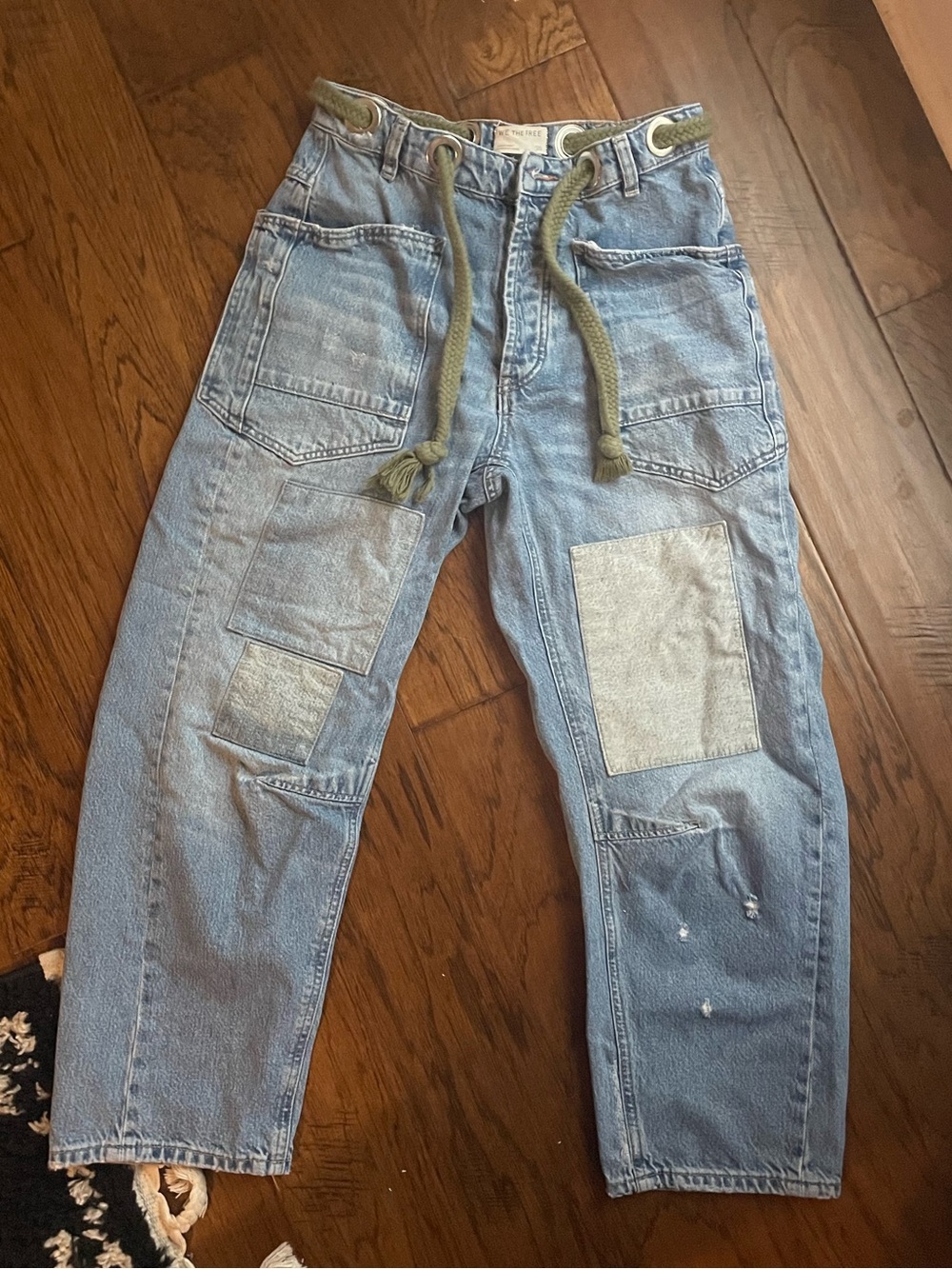 Free People Moxie jeans Light Blue Patchwork  with Olive Drawstring